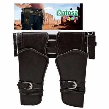 Dubbele cowboy holster donkerbruin brede riem verkleed acces carnaval