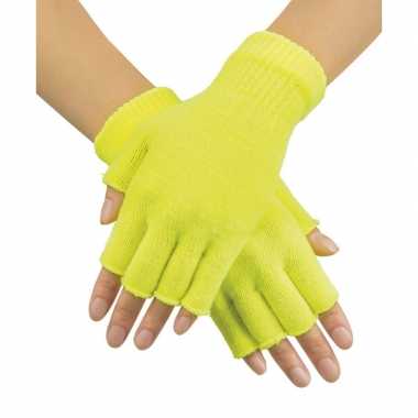 Neon gele handschoenen vingerloos gebreid volwassenen carnavalskleding roosendaal