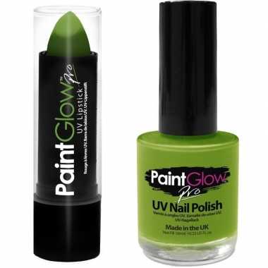 Neon groene uv lippenstift/lipstick nagellak schmink set carnavalskle