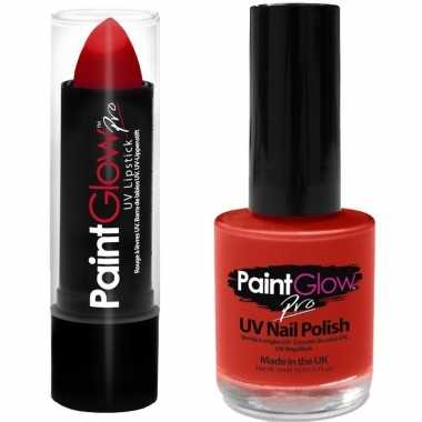 Neon rode uv lippenstift/lipstick nagellak schmink set carnavalskledi