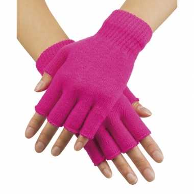 Neon roze handschoenen vingerloos gebreid volwassenen carnavalskleding roosendaal