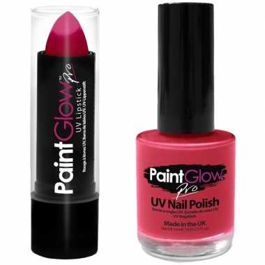 Neon roze uv lippenstift/lipstick nagellak schmink set carnavalskledi
