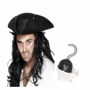 Piraat accessoires verkleedset direhoekige hoed piratenhaak carnavals