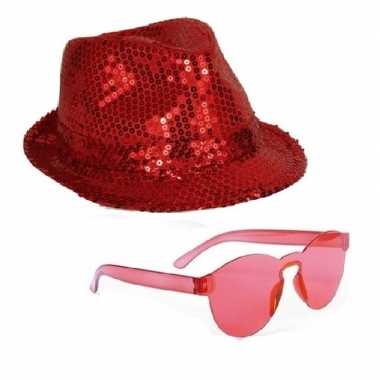 Toppers rood trilby glitter party hoedje rode zonnebril carnavalskled
