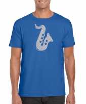 Zilveren saxofoon muziek t-shirt carnavalskleding blauw heren roosendaal