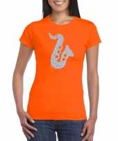 Zilveren saxofoon muziek t-shirt carnavalskleding oranje dames roosendaal
