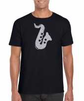 Zilveren saxofoon muziek t-shirt carnavalskleding zwart heren roosendaal